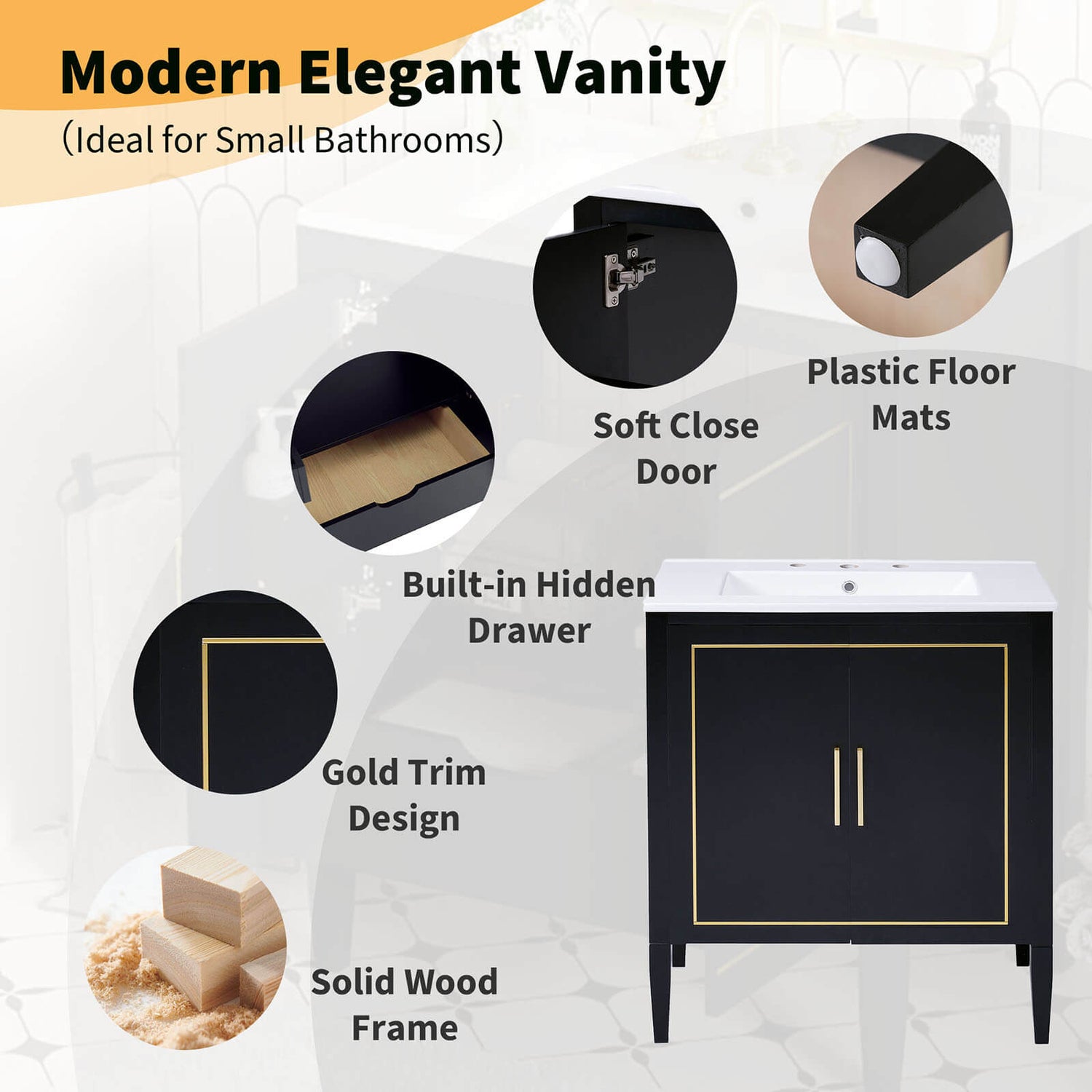 Details of the various parts of the 30 inch bathroom vanity with built in hidden drawers