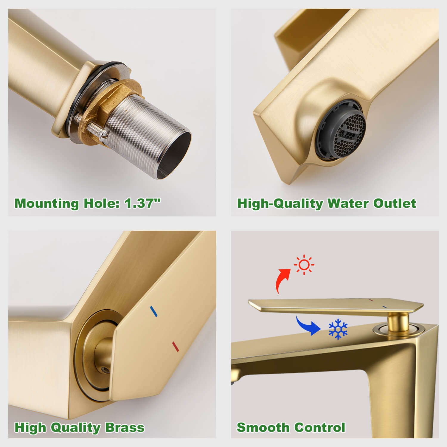 Details of various parts of brushed gold splashback bathroom faucet with aerator