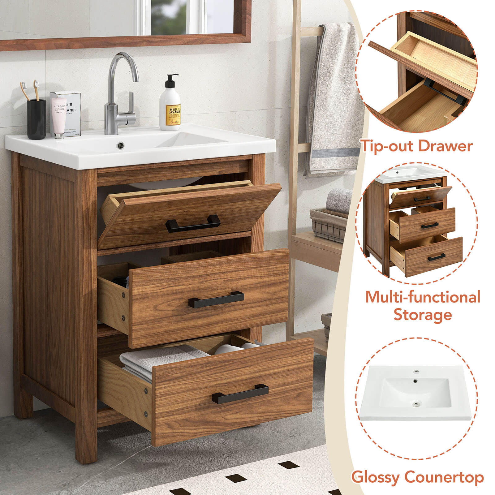 Details of various parts of the 24 in natural wood bathroom vanity with 3 drawers