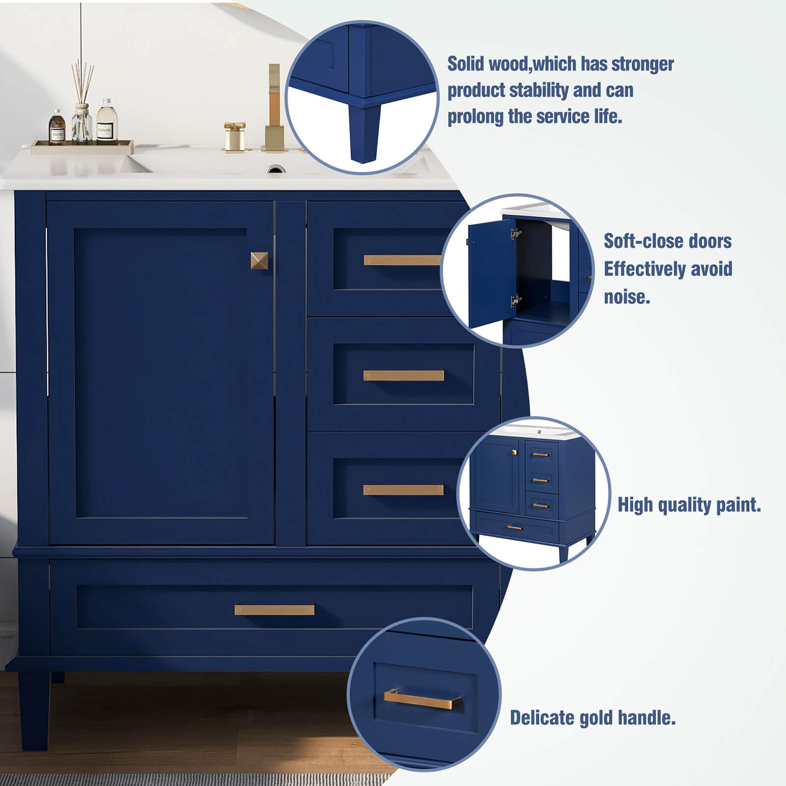 Details of the various parts of the 30-inch navy blue solid wood bathroom vanity with countertop