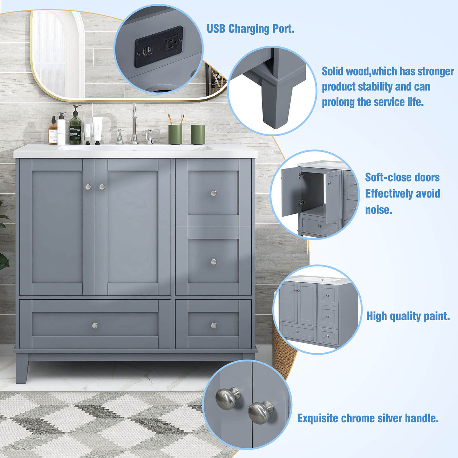 Details of various locations on a 36 inch grey bathroom vanity with integrated USB charging