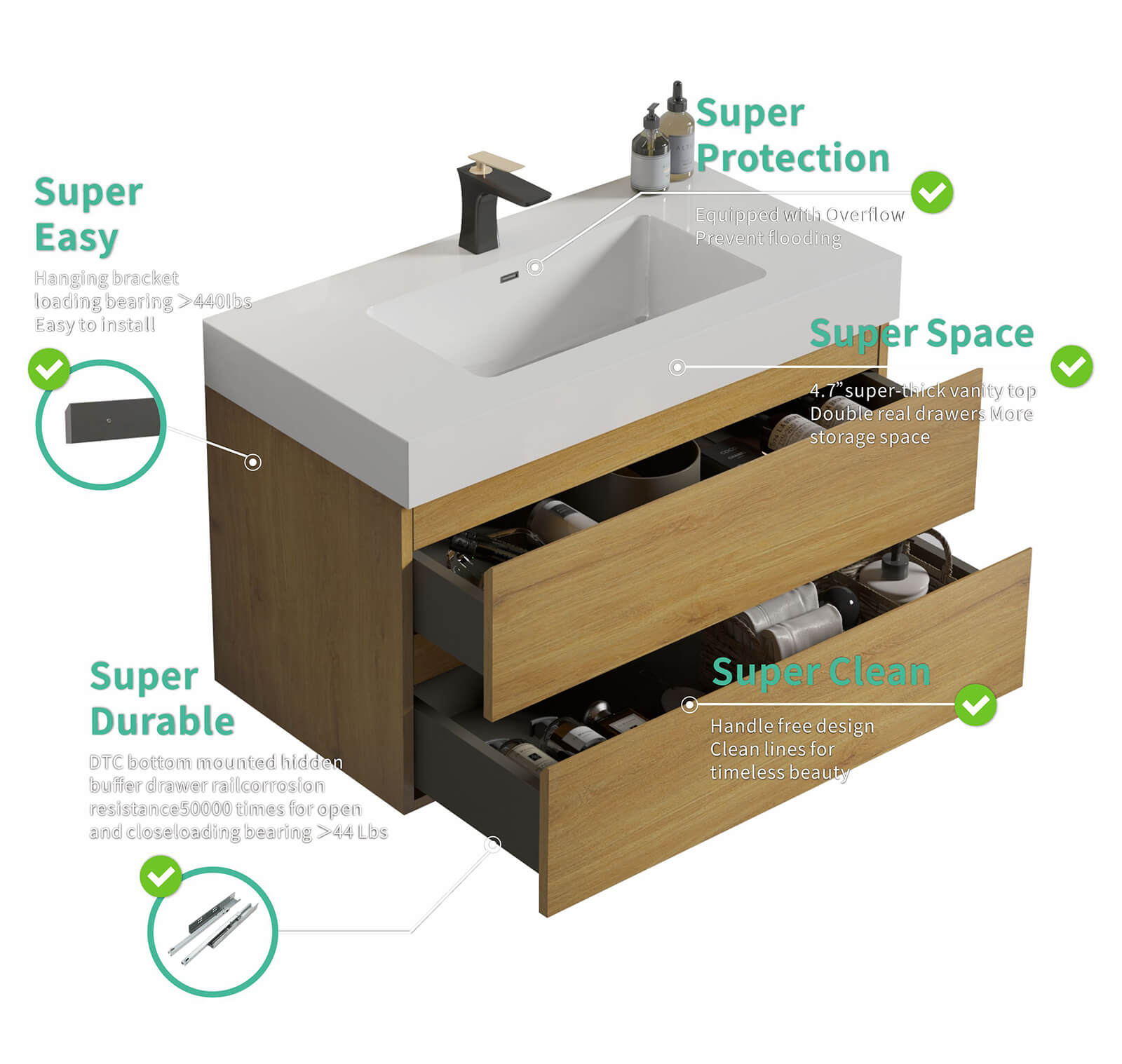 Details of each position of the 36-inch oak vanity with white single sink