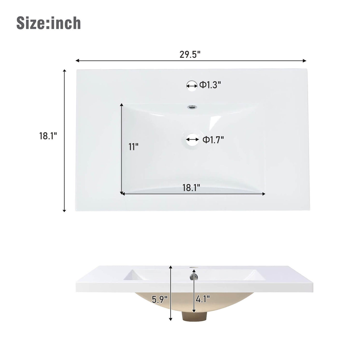 Dimension Diagram of 30 x 18 in Rectangular Resin Sink Vanity Top in