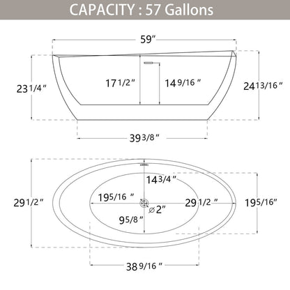 Dimensional outline drawing of 59 inch oval white thick rim acrylic bathtub