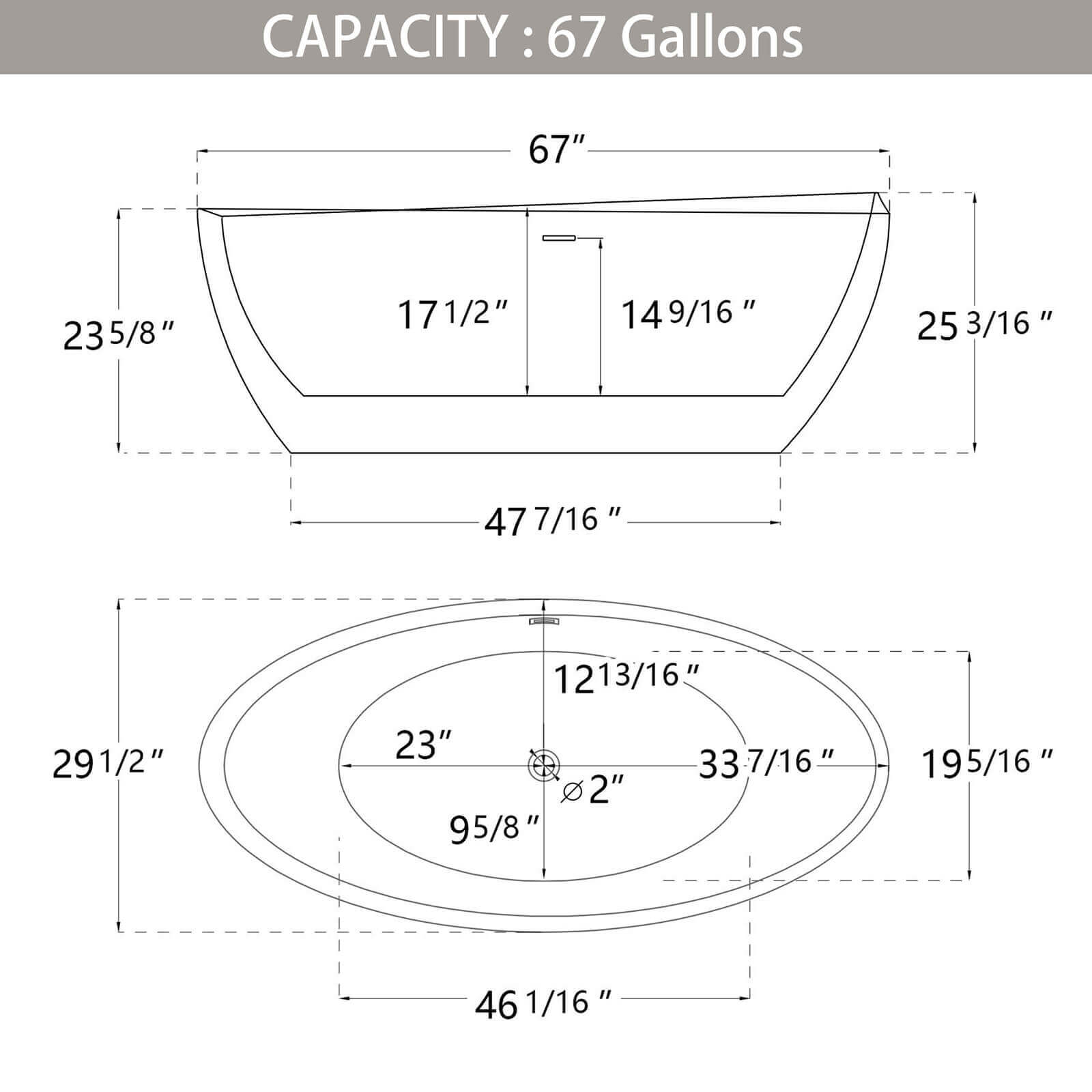 Dimensional outline drawing of 67 acrylic double ended bathtub with center overflow