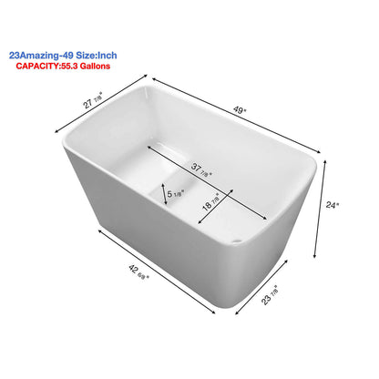 Dimensional outline of 49 inch acrylic bathtub with integrated seat