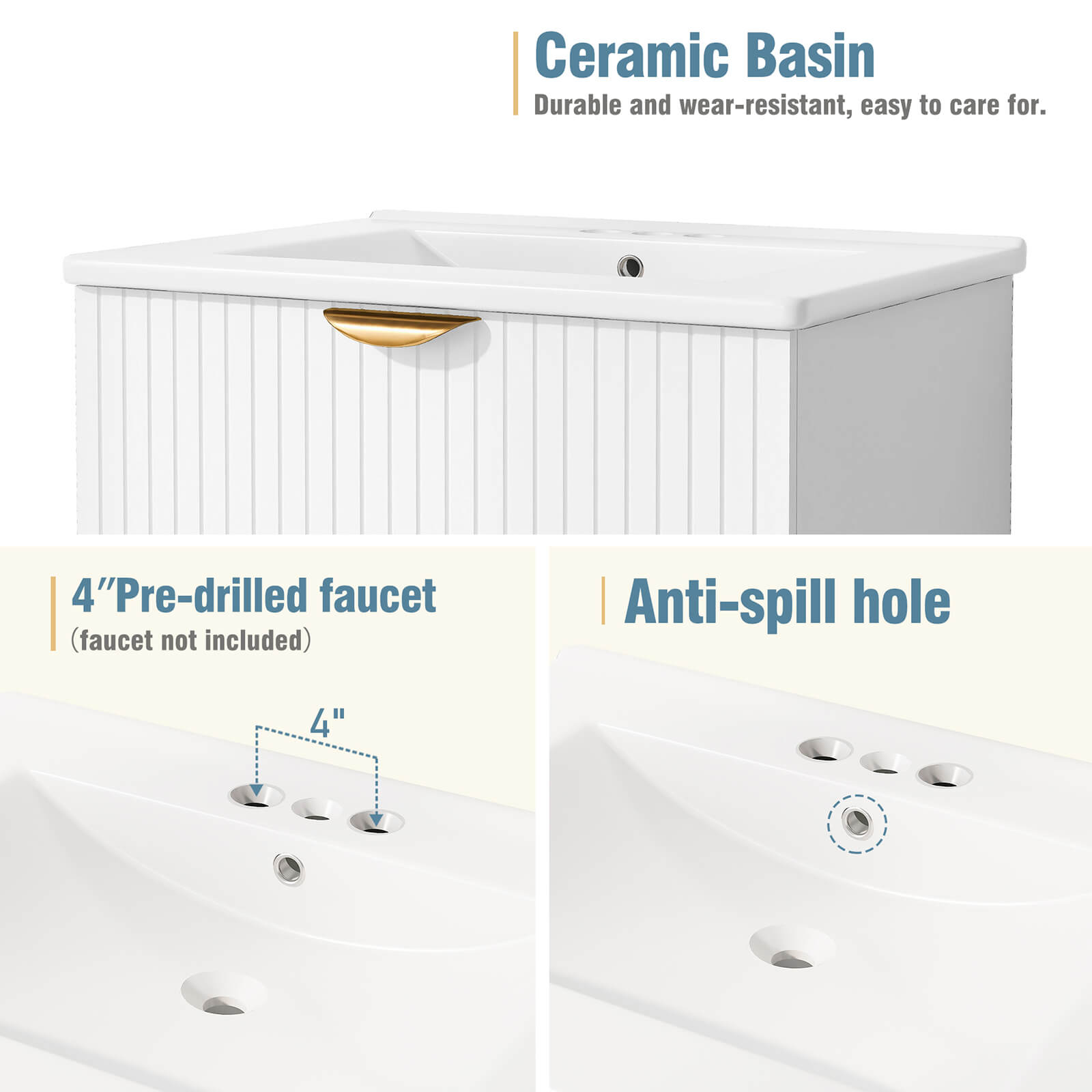 Dimensional details of the sink hole for a 24 inch white floating bathroom vanity with sink