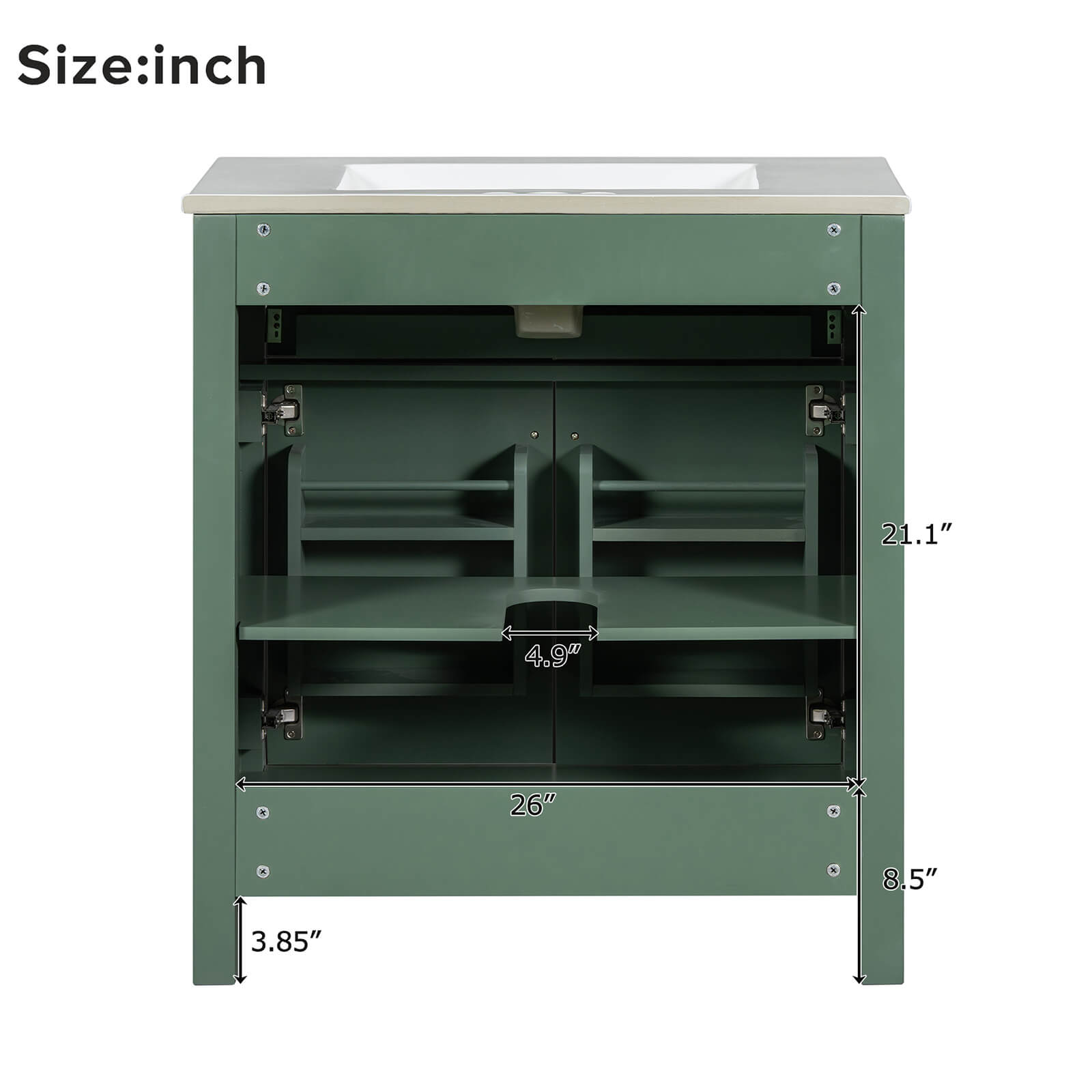 Dimensional outline drawing of 30 inch sage green bathroom vanity with undermount single sink