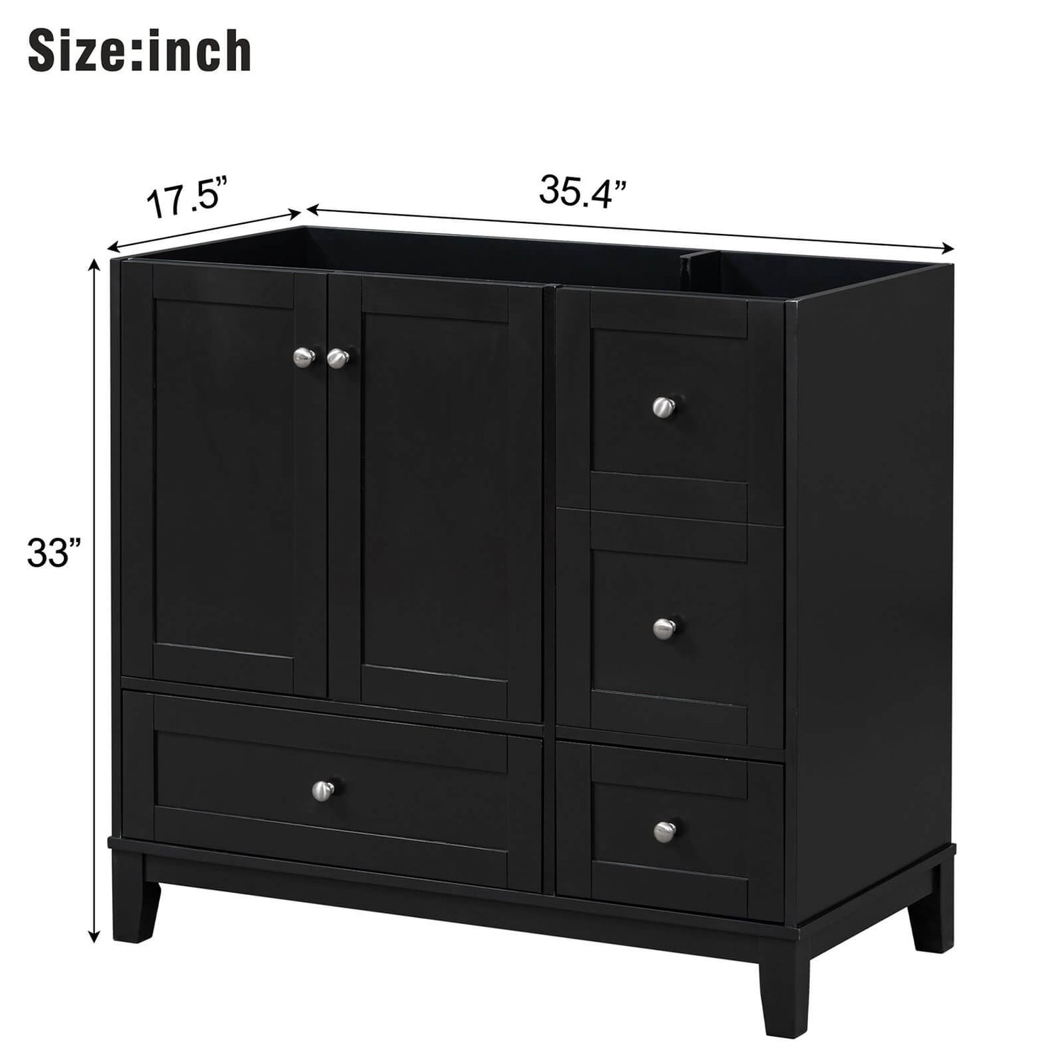 Dimensional outline drawing of 36 black bathroom vanity with integrated USB charging