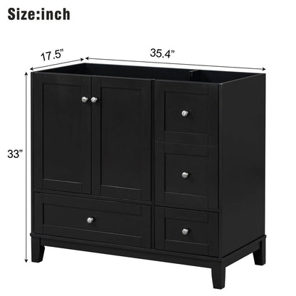 Dimensional outline drawing of 36 black bathroom vanity with integrated USB charging