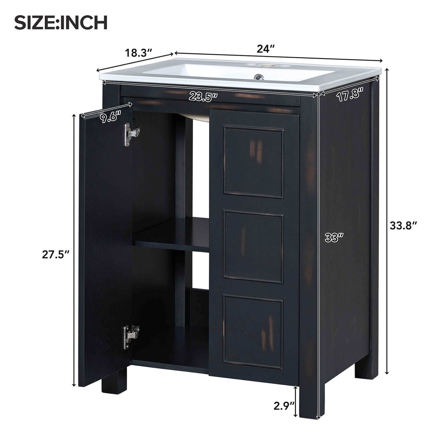 Dimensional outline drawing of a 24 inch compact vintage solid wood bathroom vanity