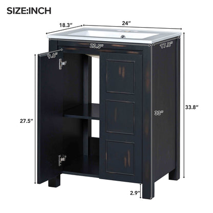 Dimensional outline drawing of a 24 inch compact vintage solid wood bathroom vanity