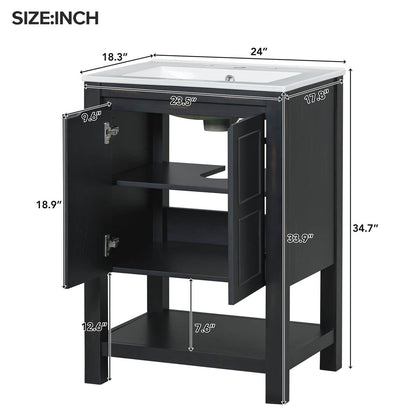 Dimensional outline drawing of a 24 inch traditional freestanding bathroom vanity with open shelves