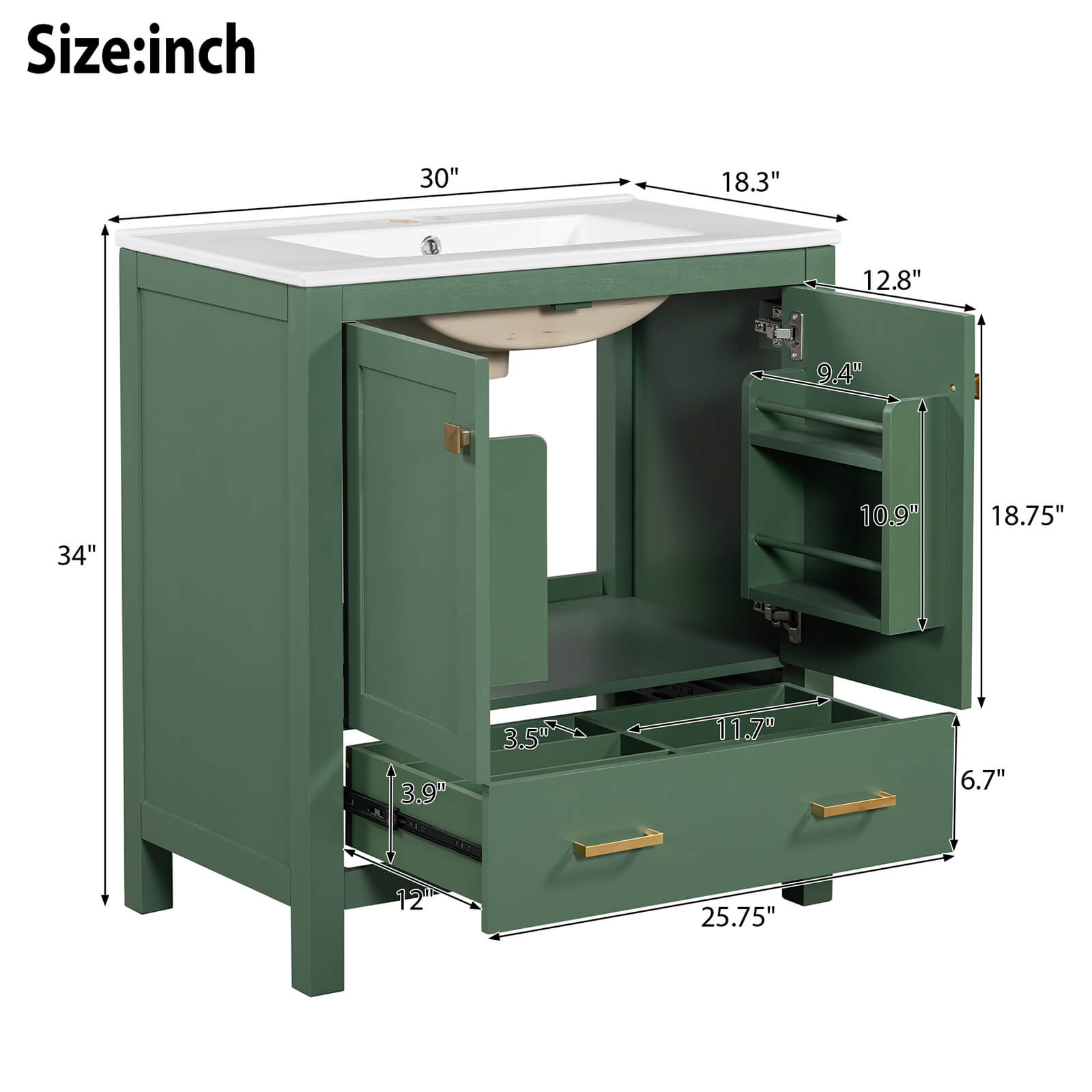 Dimensional outline drawing of a 30 inch green bathroom vanity with built-in shelves