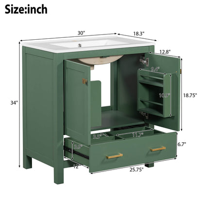 Dimensional outline drawing of a 30 inch green bathroom vanity with built-in shelves