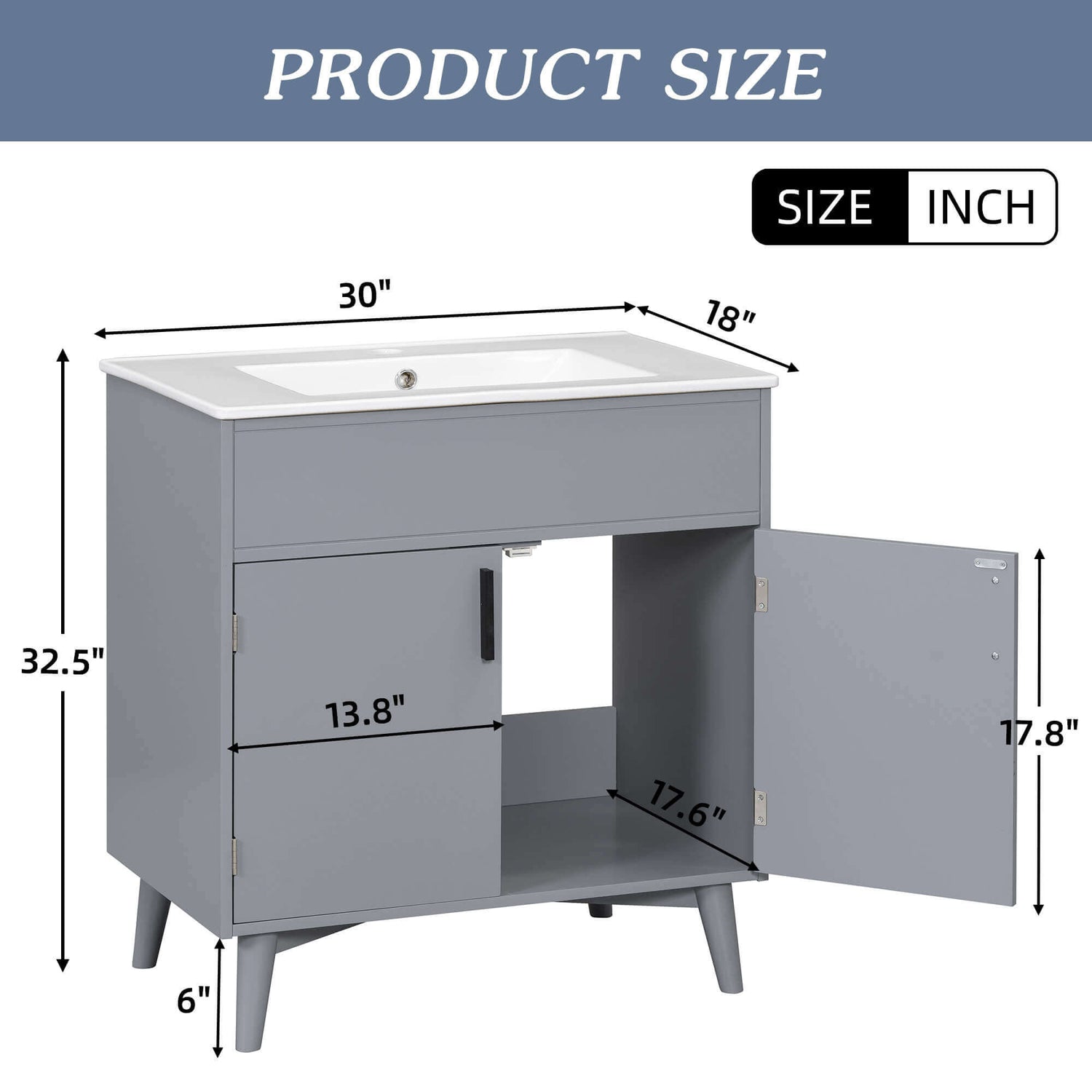 Dimensional outline drawing of a 30 inch grey freestanding solid wood bathroom vanity