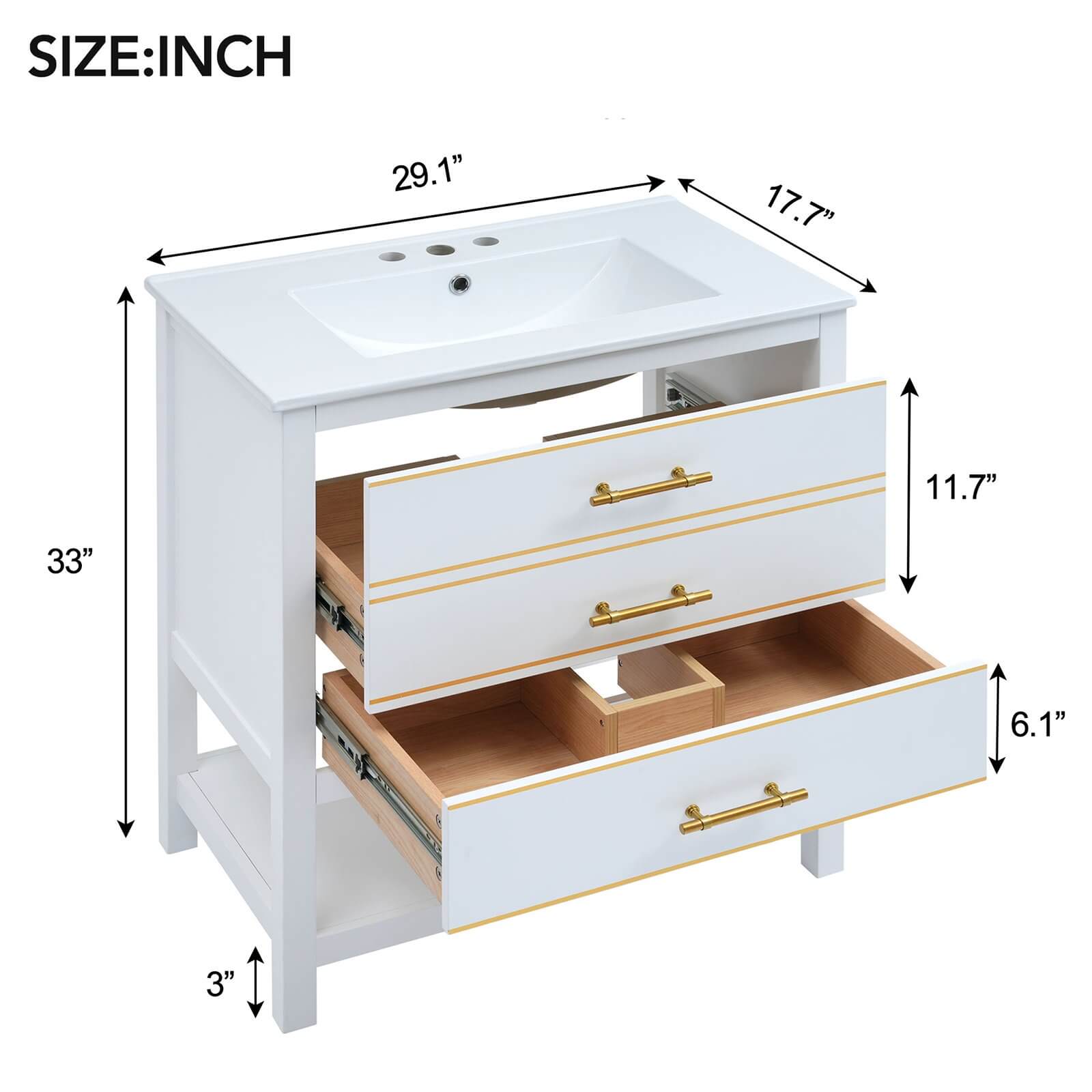 Dimensional outline drawing of a 30 inch white bathroom vanity with 2 drawers and bottom space