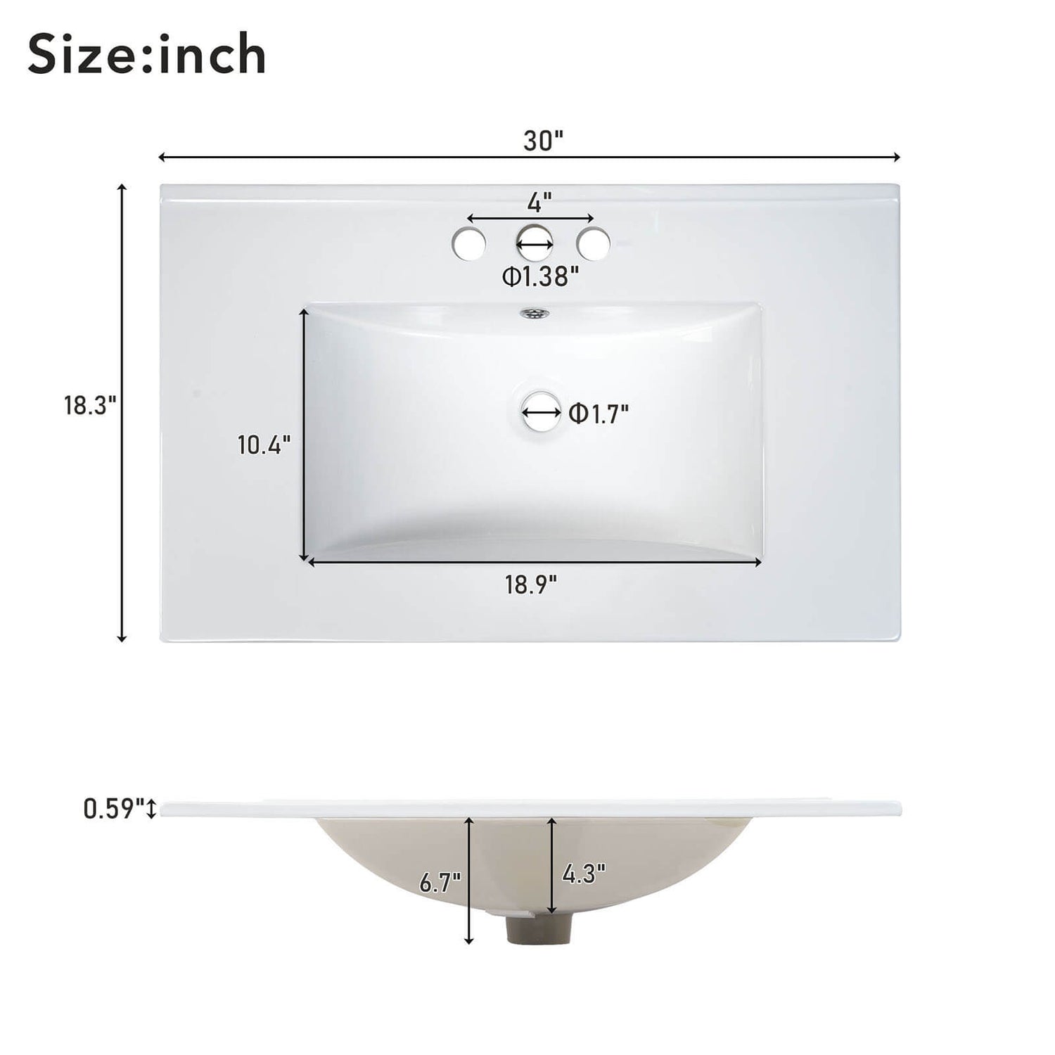 Dimensional outline drawing of top countertop and sink for 30 inch grey solid wood bathroom vanity with countertop