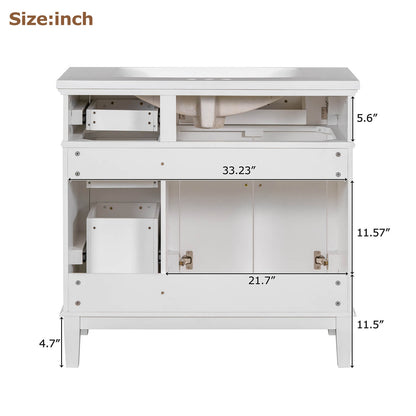 Dimensional outline of the back of a 36 inch white solid wood bathroom vanity with resin sink