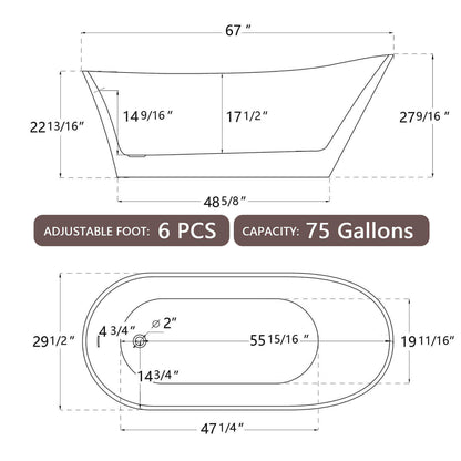 Dimensions and outline drawing of acrylic double-sided single slipper bathtub