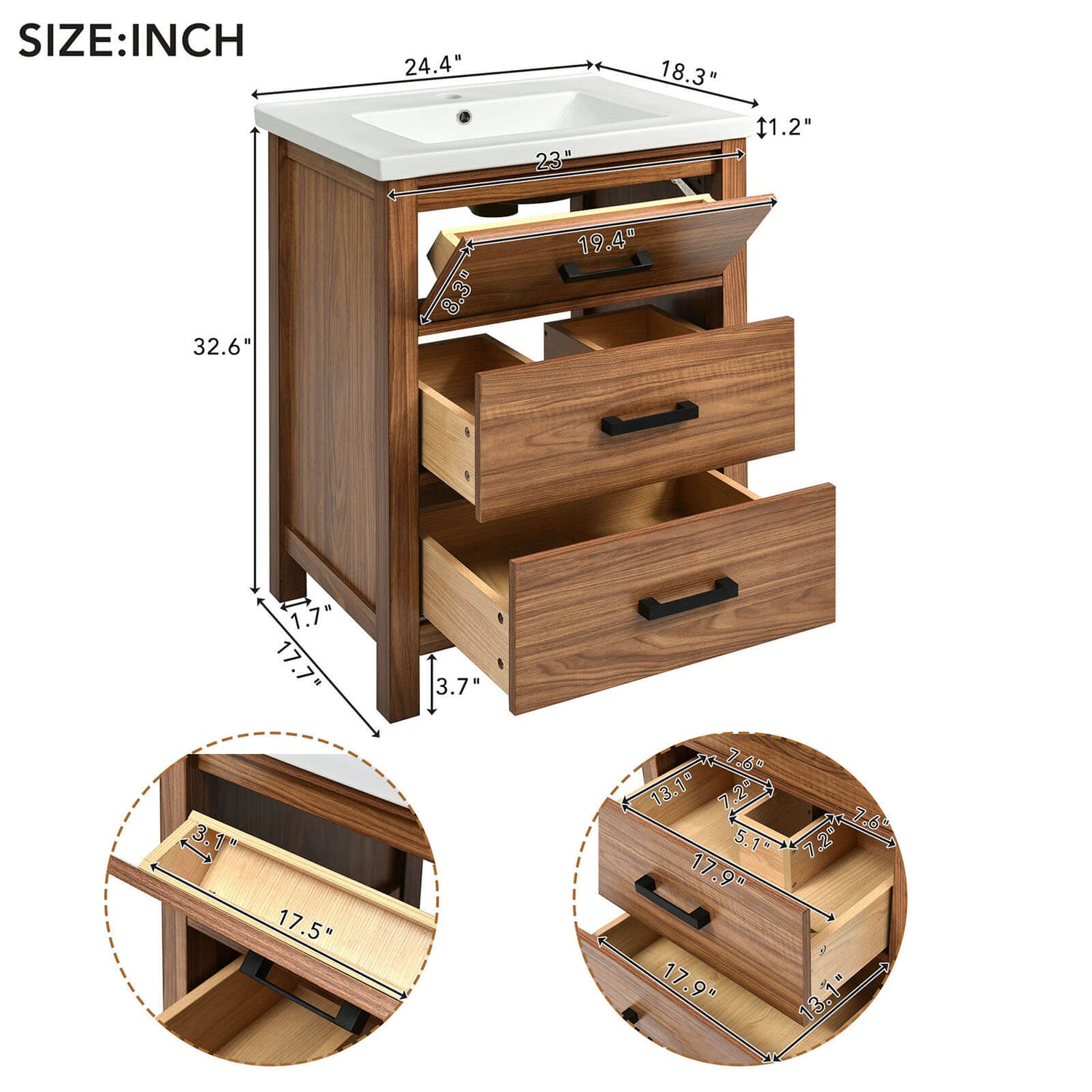 Dimensions Specifications for 24 Inch Natural Wood Bathroom Vanity with 3 Drawers