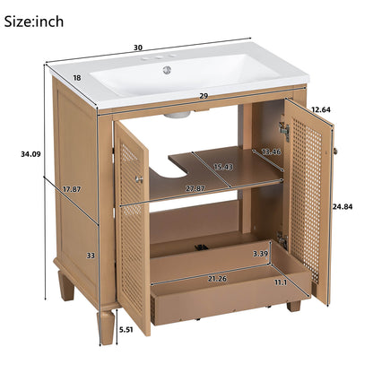 Dimensions Specifications for 30 Inch Freestanding Bathroom Vanity with Rattan Door