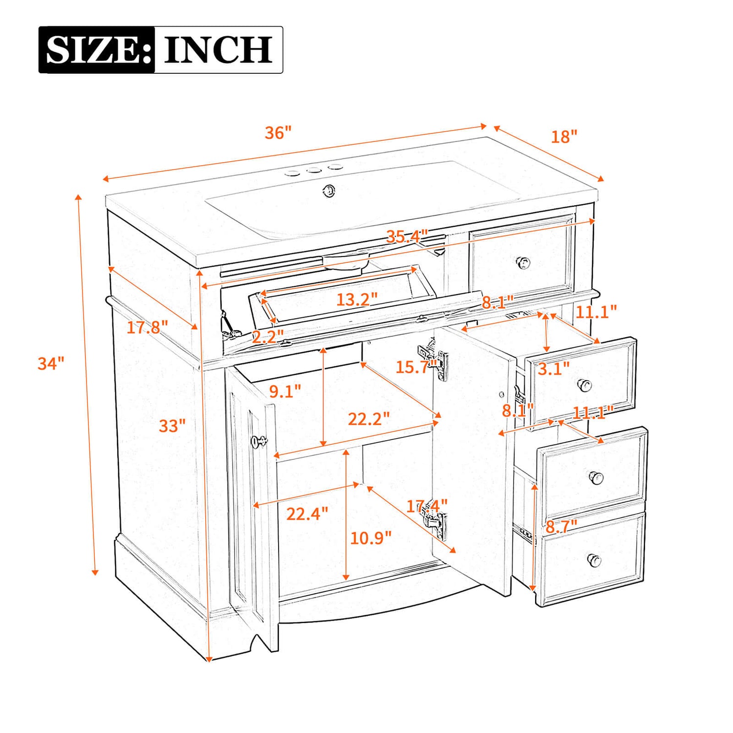 Dimensions Specifications for 36 Inch Blue Bathroom Vanity with Right Drawer