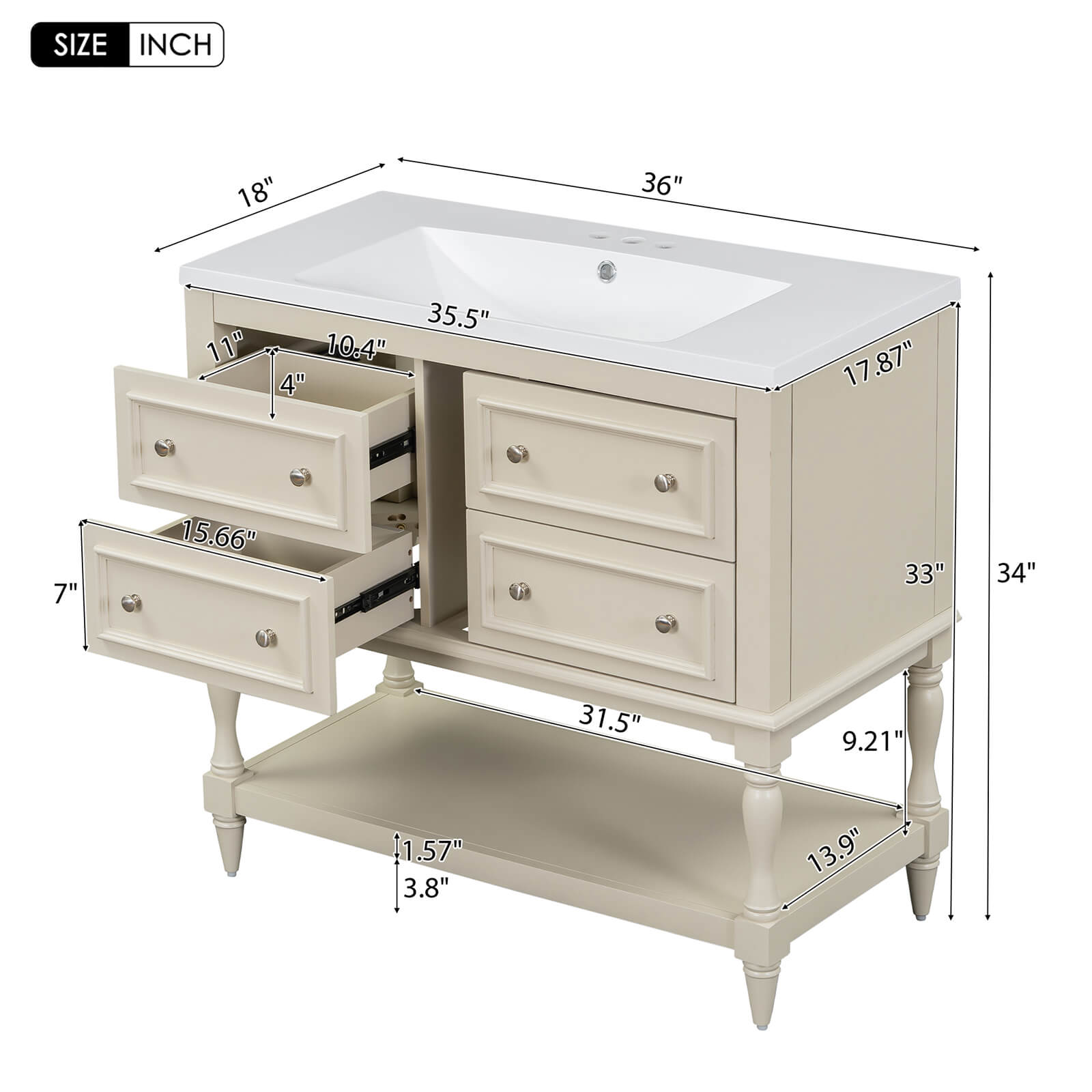 Dimensions Specifications for 36 Inch Open Bottom Beige Bathroom Vanity