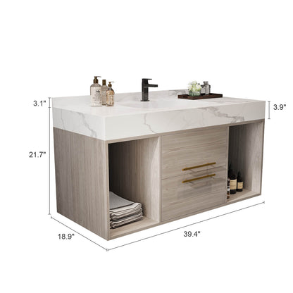 Dimensions Specifications for 40 inch White Oak Wall Mounted Vanity with Backsplash