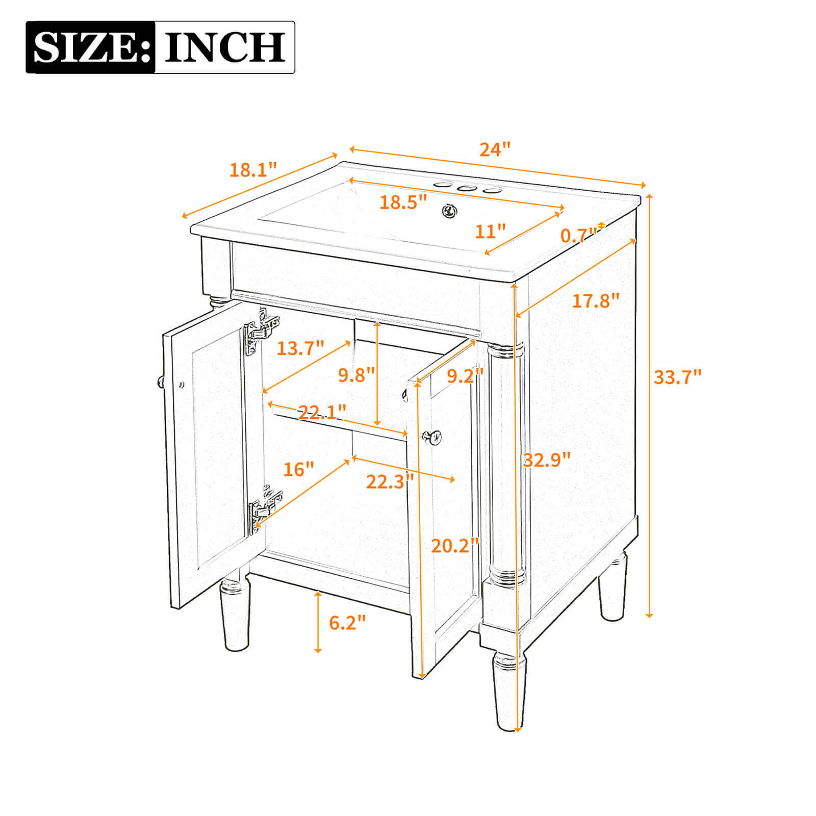 Dimensions and specifications diagram for a 24 inch green mid century modern bathroom vanity