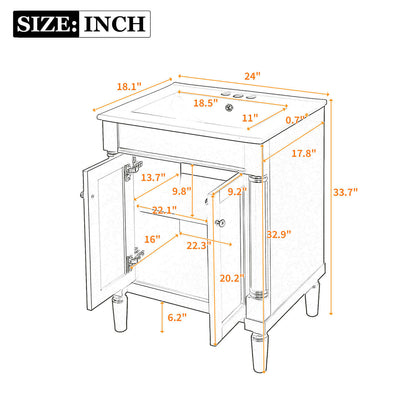 Dimensions and specifications diagram for a 24 inch green mid century modern bathroom vanity