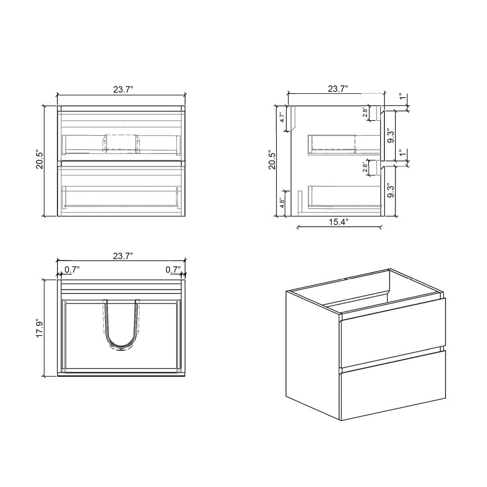 Dimensions and specifications for 24 grey floating bathroom vanity base only