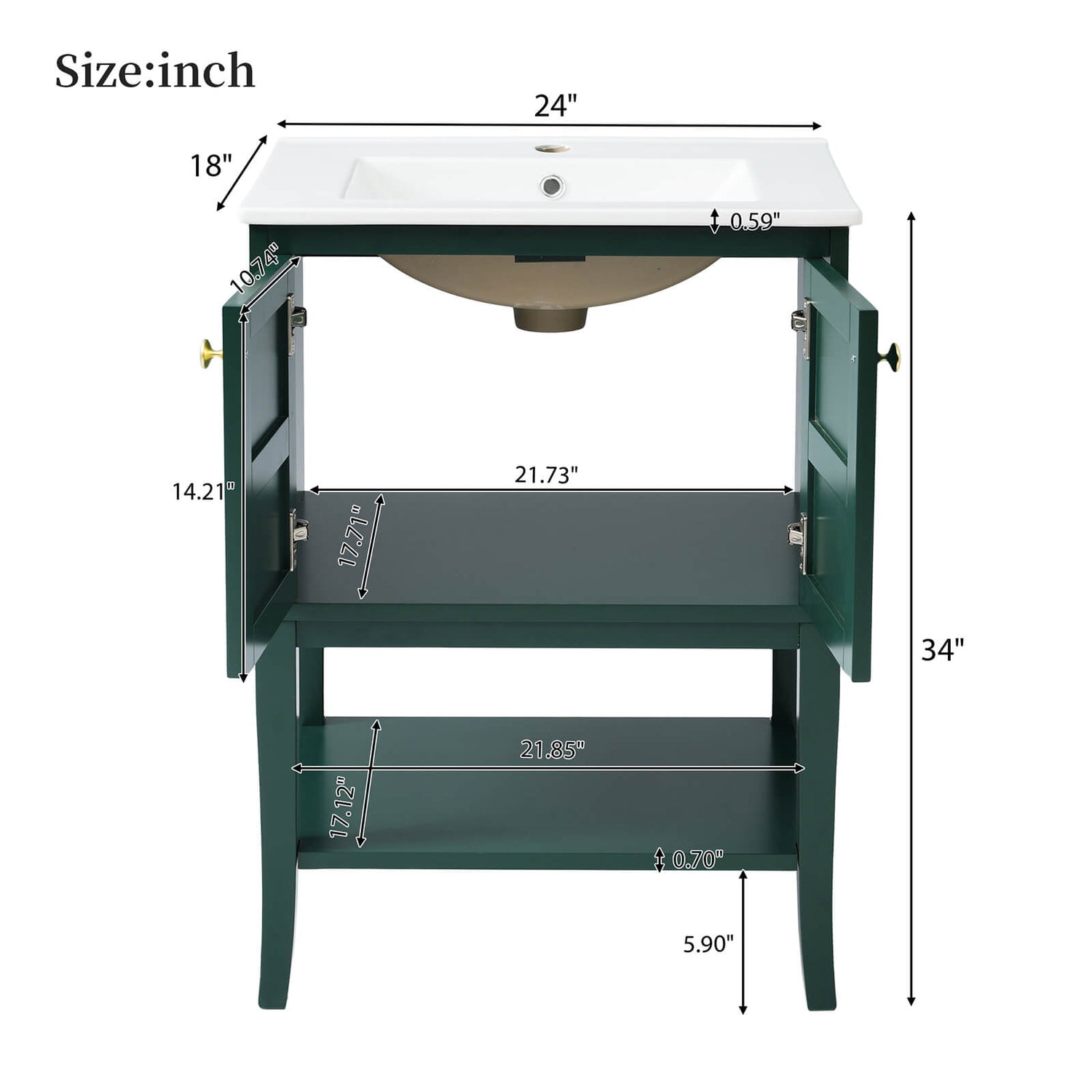 Dimensions and specifications for 24 inch single hole ceramic basin bathroom vanity