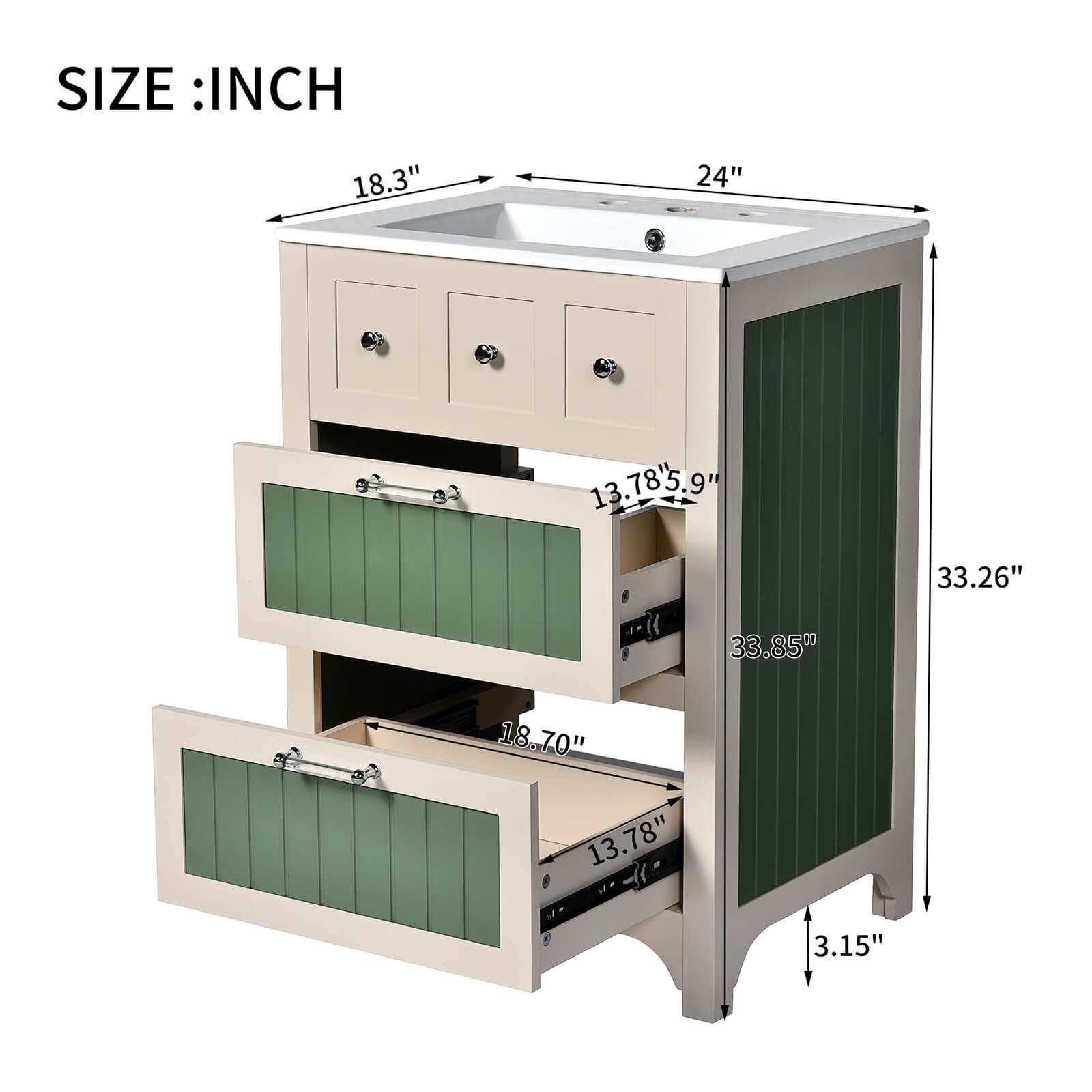 Dimensions and specifications for a 24 inch two tone design bathroom vanity