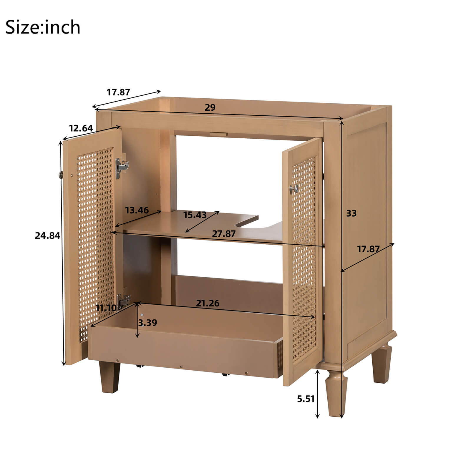 Dimensions and specifications for a 29 inch bathroom vanity base with rattan doors