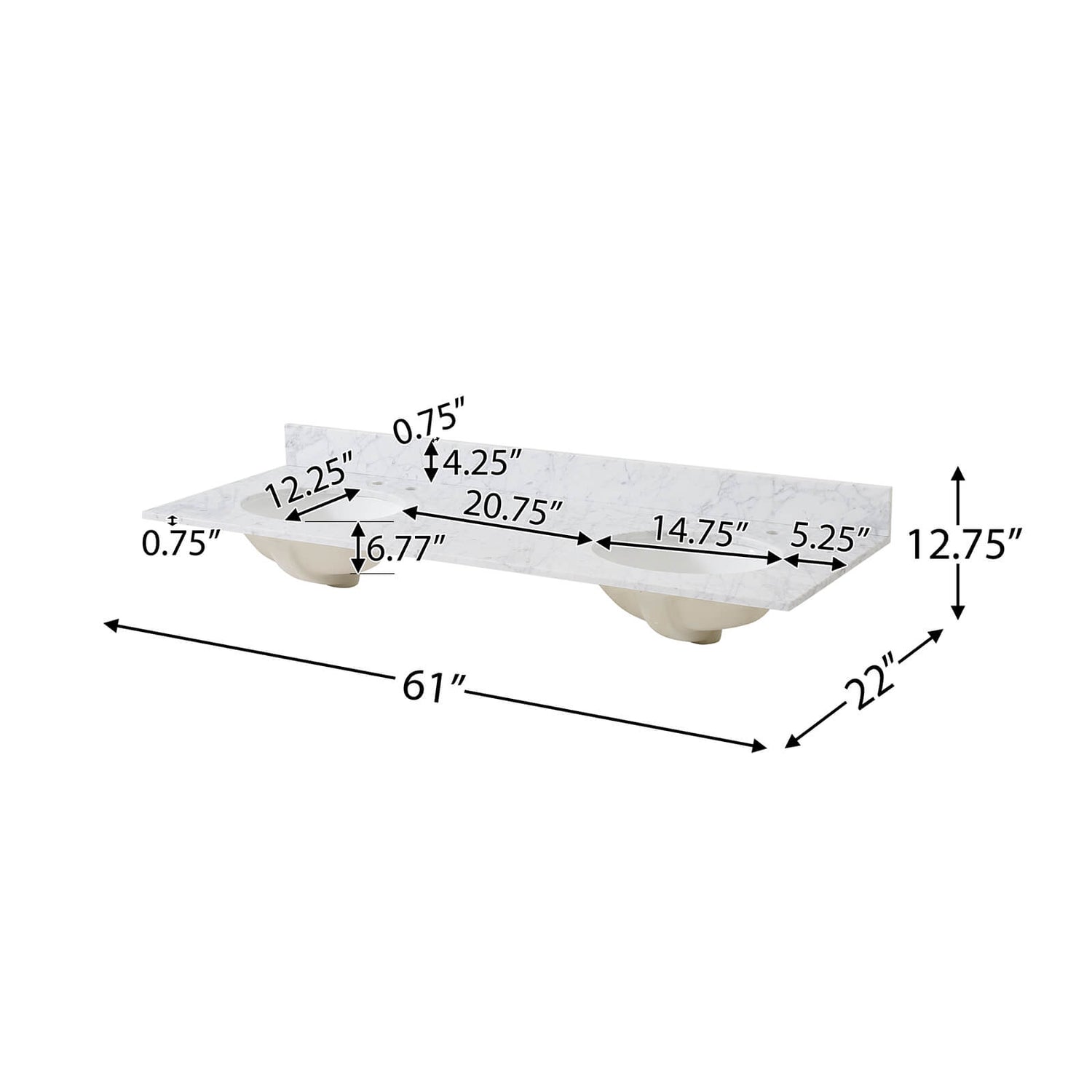 Dimensions and specifications for a 61 in white double sink vanity cabinet with backsplash