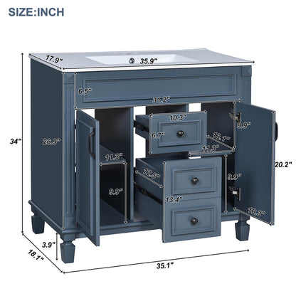 Dimensions and specifications of 36 inch modern blue floor standing bathroom vanity