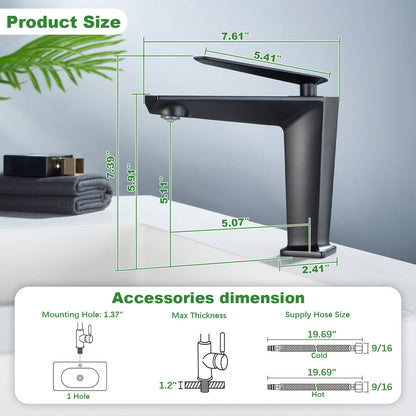 Dimensions and specifications of Matte Black Splashback Bathroom Faucet with Aerator