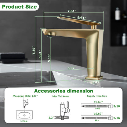 Dimensions and specifications of brushed gold splashback bathroom faucet with aerator