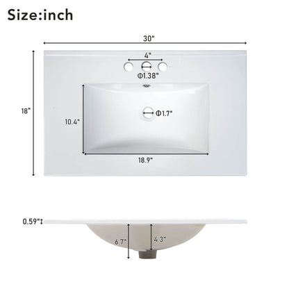 Dimensions for a 30 inch white bathroom vanity with undermount ceramic sink