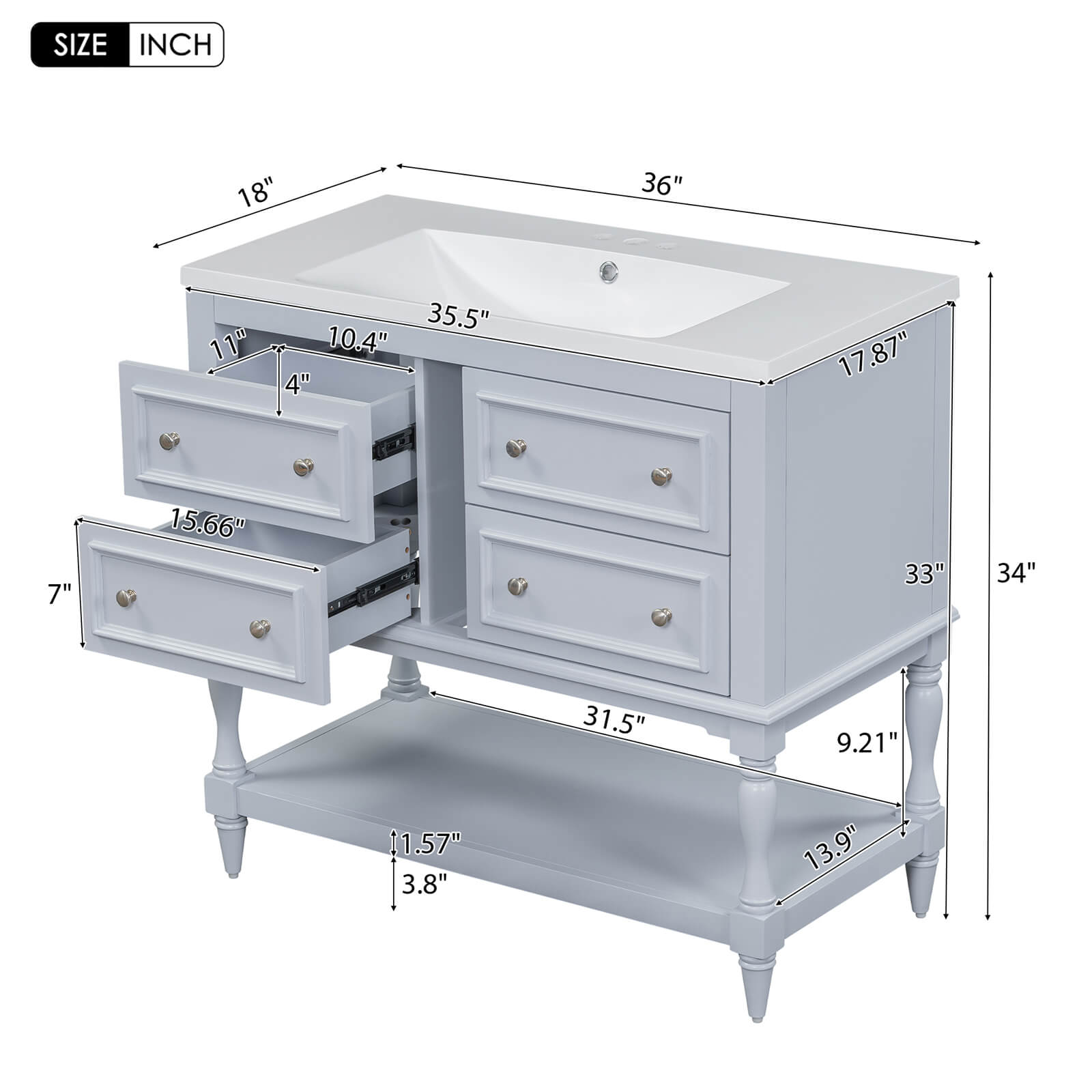 Dimensions for a 36 inch open bottom light blue bathroom vanity
