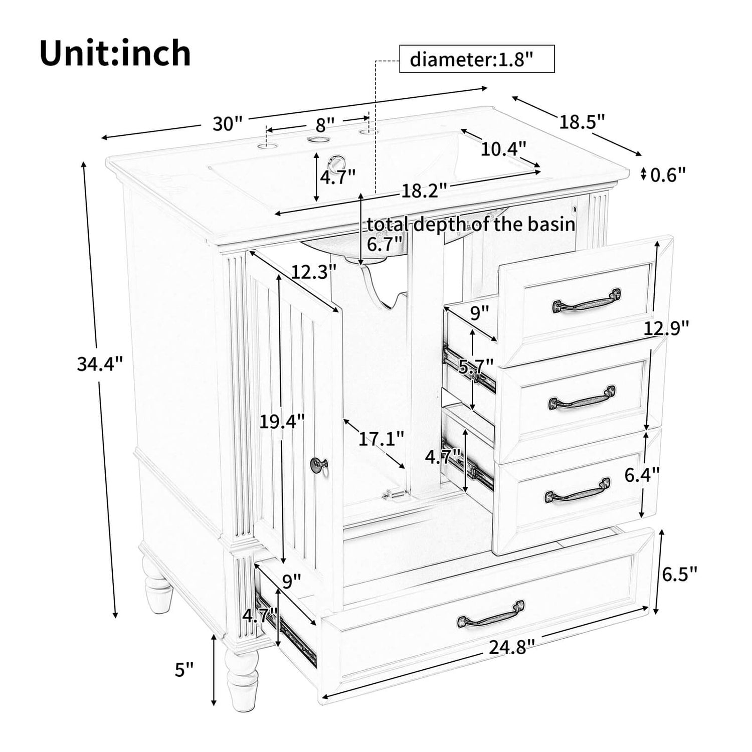 Dimensions of 30 in Black Acacia Dresser with Bottom Drawer