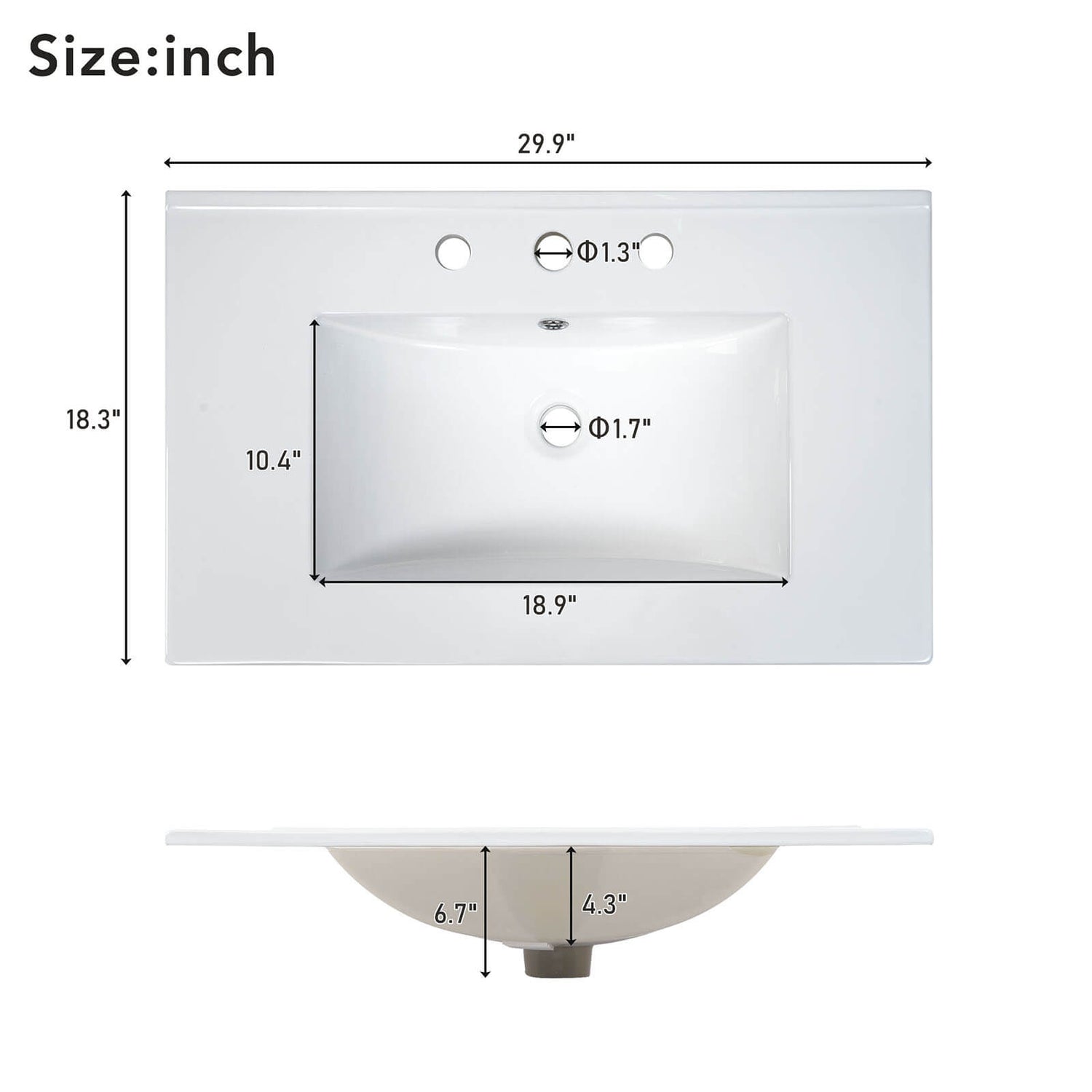 Dimensions of 30 x 18 Ceramic Vanity Top with 3 Holes for Faucet Installation