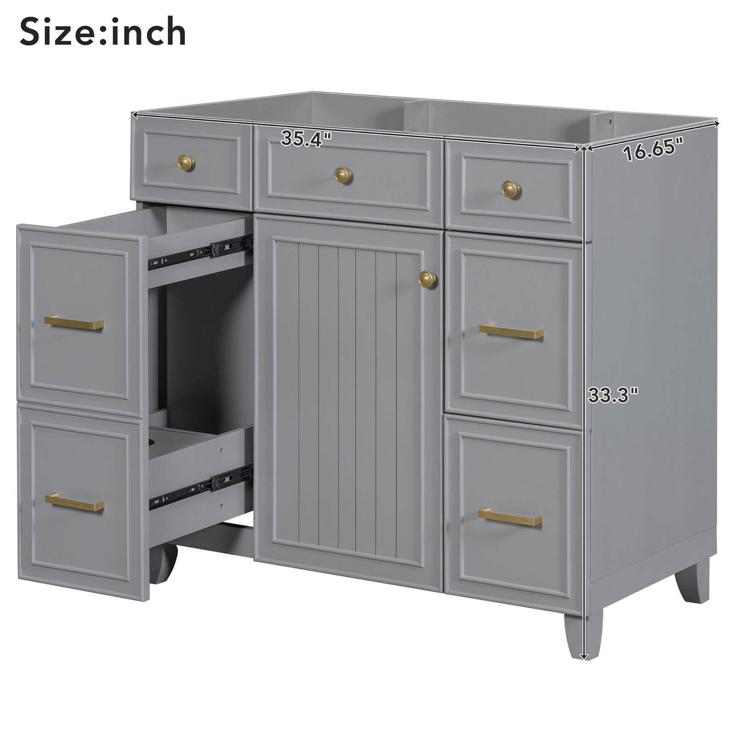 Dimensions of 36 inch Grey Bathroom Vanity Cabinet with 4 Drawers