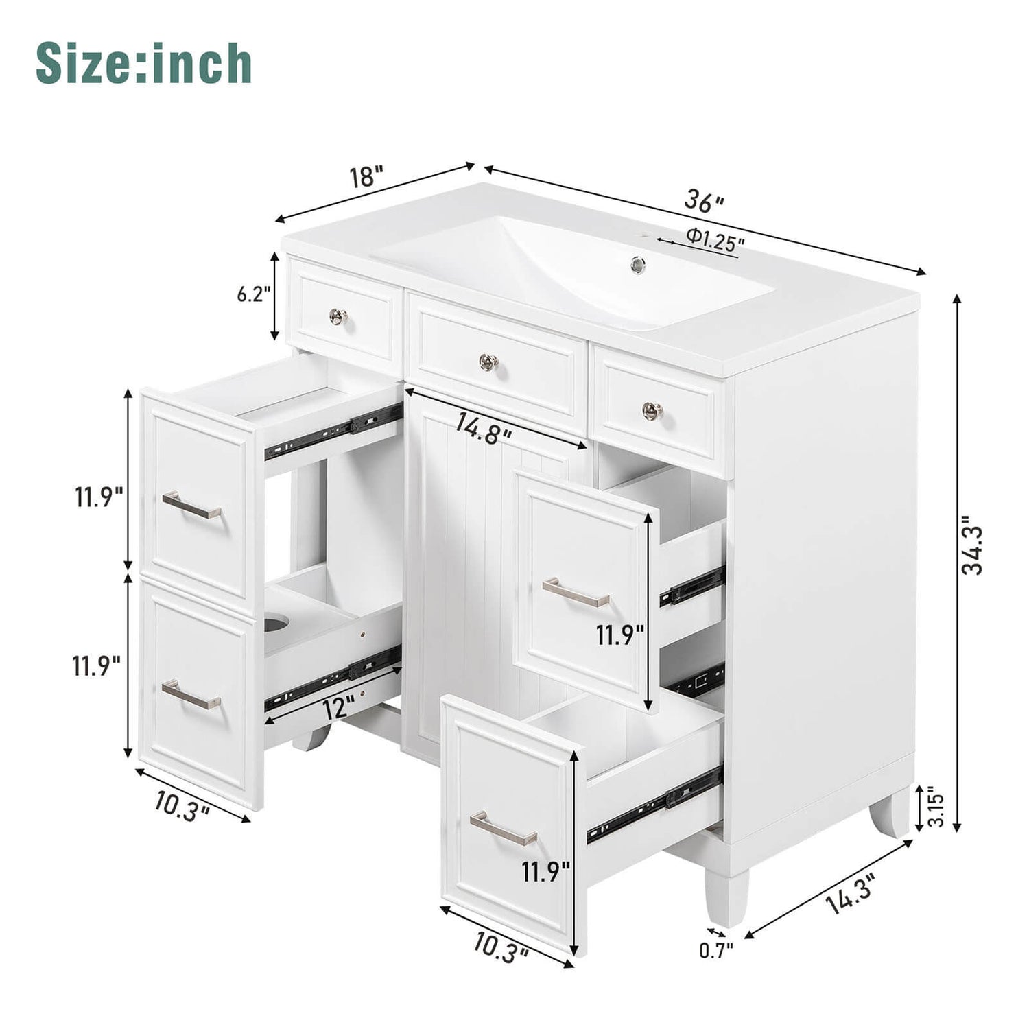 Dimensions of 36 inch White Bathroom Vanity with Integrated Resin Sink