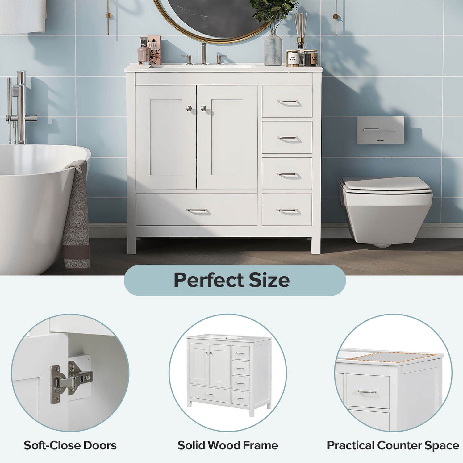 Dimensions of 36 white bathroom vanity with drawers on right side for each position