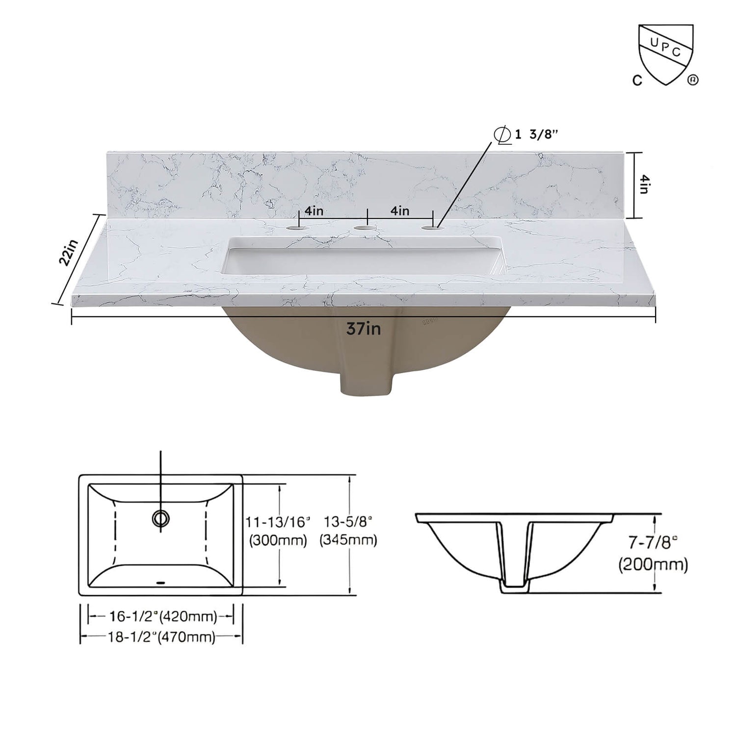 Dimensions of 37 x 22 Carrara marble vanity top with backsplash