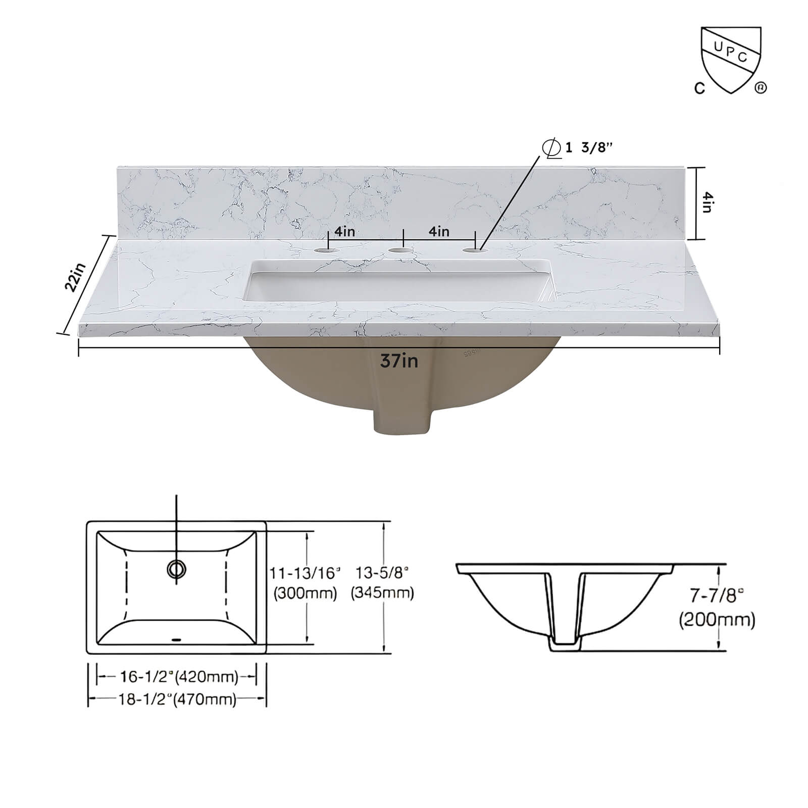 Dimensions of 37 x 22 Carrara marble vanity top with backsplash