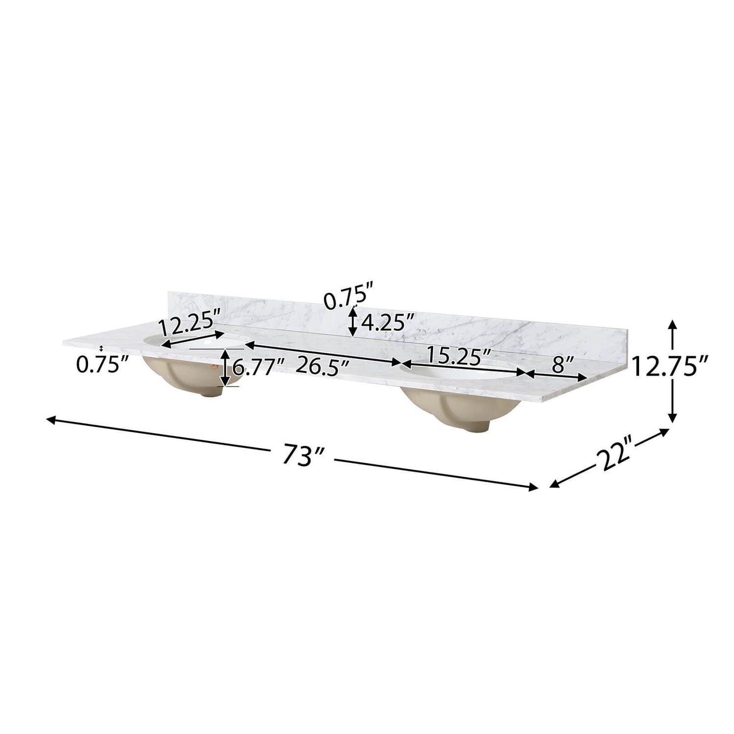 Dimensions of 73 x 22 marble vanity top with double ceramic sinks