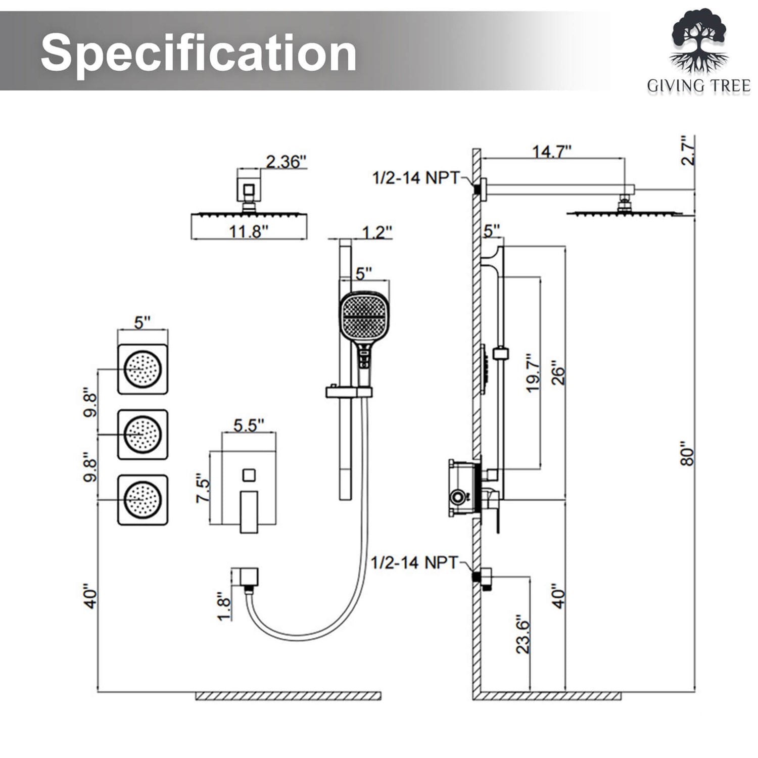 Dimensions of a 3 in 1 shower system with hand shower_ rain shower and body shower